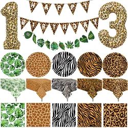 32 Inch 1-9 Numbers Leopard Foil Balloon Land Animal Tiger Zebra Giraffe Disposable Tableware Jungle Safari Birthday Party Decor