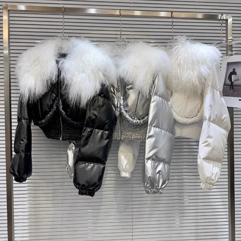 2023 Winter New Style Streetwear Hot Girl Big Lamb Fur Collar Space Glossy Warm Short Waist Down Jacket Coat Jaquetas Feminina