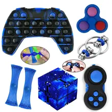 

7 Piece Fidget Pad Toy Set Game Controller Push Bubble Infinity Cube Flip Bike Chain Ring Hand Spinner Stress Relief Game Pack