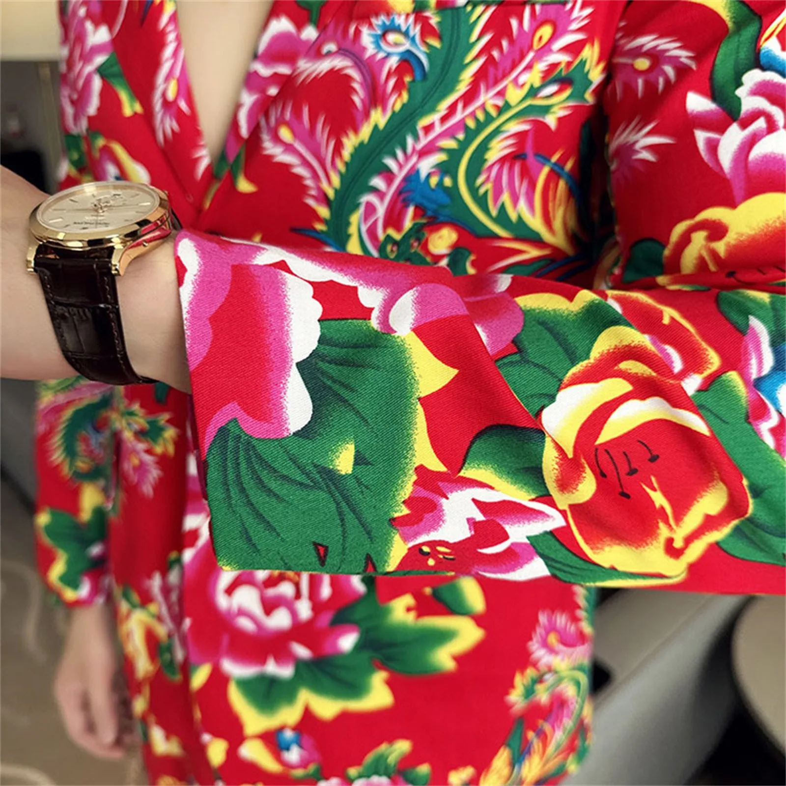 Mens Long Sleeve Button Floral Printed Suit Coat, Men's V-Neck Single Button Red Nostalgic Style Long Sleeve Coat