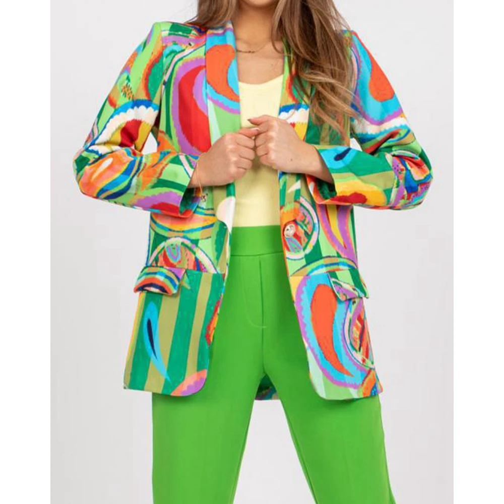 Autumn Women Abstract Print Single Button Blazer Fashion Femme Fall Long Sleeve Jackets Coat Elegant Workwear Outfits Office