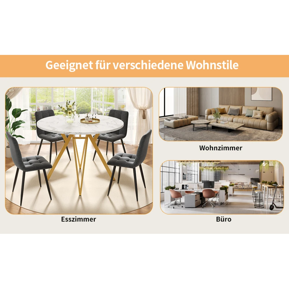 Runder Esstisch (100 x 100 x 76 cm), runder Couchtisch für 4 Personen, stilvolle Tischbeine aus Metall, Arbeitsplatte aus MDF-Marmor, für die Küche – Detail 21