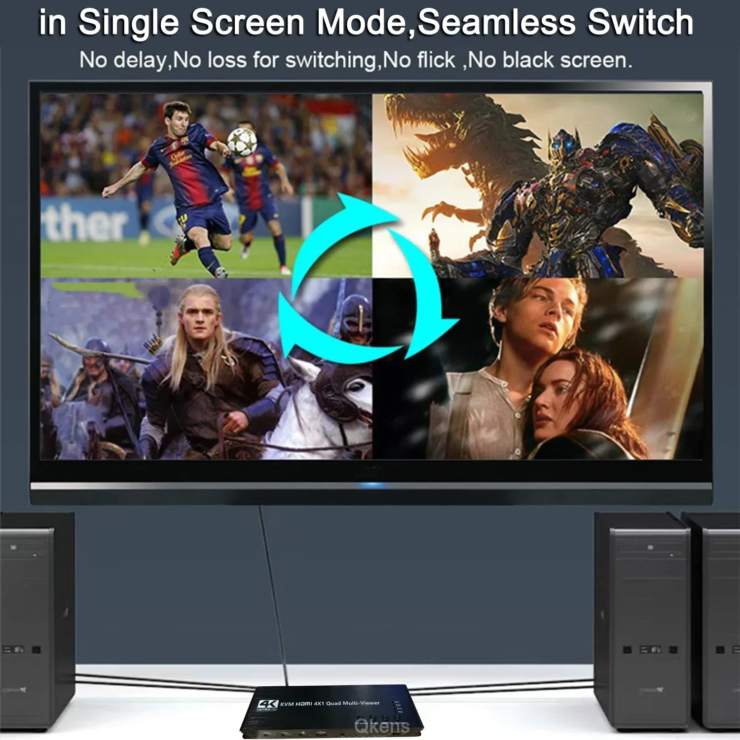 KVM HDMI 멀티뷰어 4K 4입력 1출력 1080P 쿼드 스크린 4채널 HDMI 멀티뷰어 원활한 전환 지원 USB 마우스 및 키보드