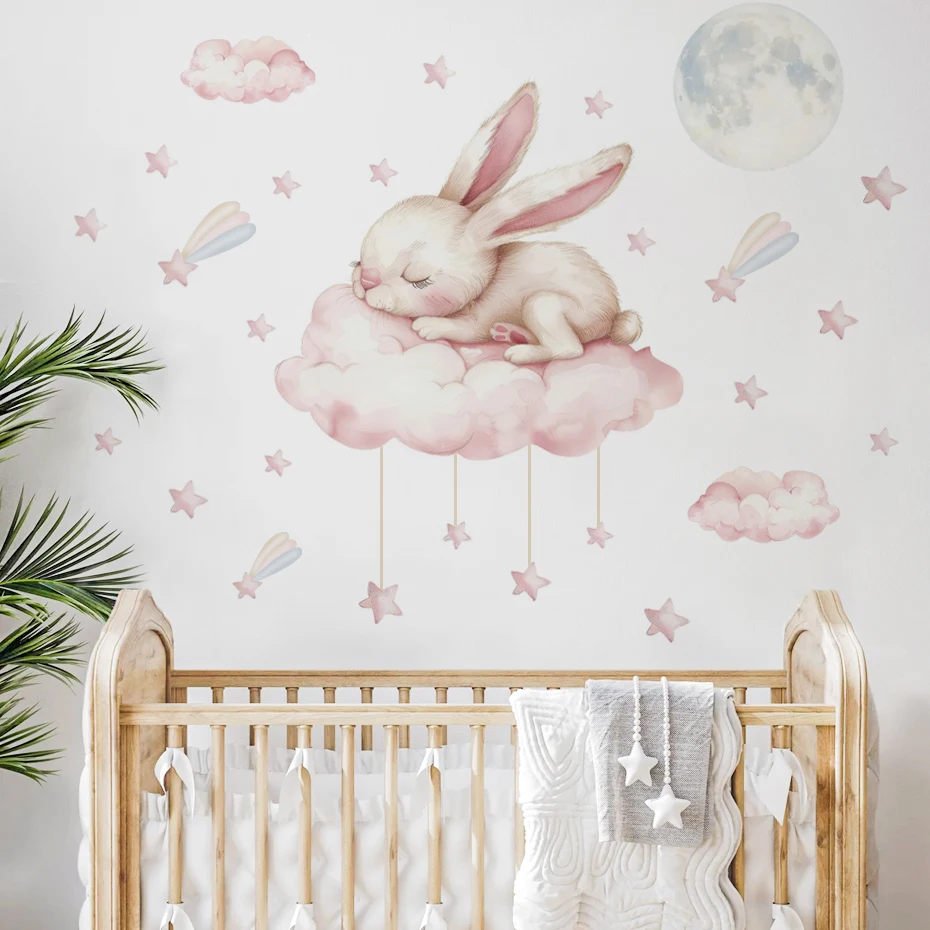 Laoyello Bunny & Cloud Wall Decals - Removable Star Nursery Decor For Girls' Bedroom