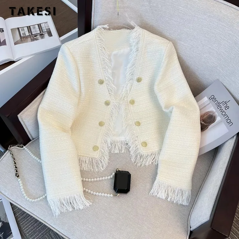 

Женская однобортная куртка с круглым вырезом, Повседневная облегающая Элегантная куртка с кисточками в Корейском стиле, Осень-зима 2023