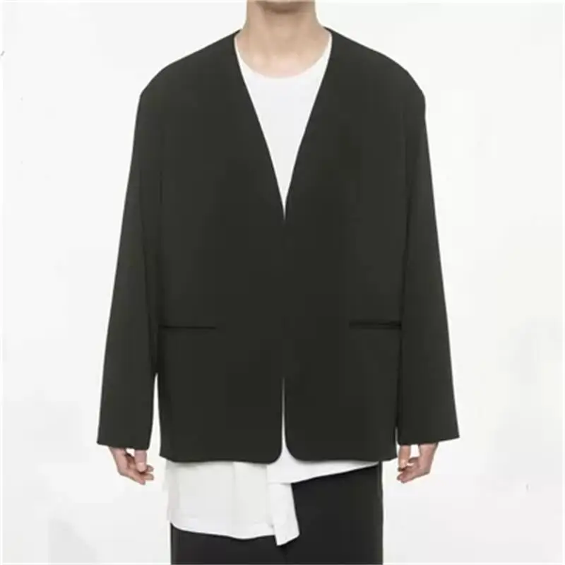 

Men's Collarless Suit New Fashion Spring And Autumn Buckle Loose British Casual Style Slim Long Sleeve Suit