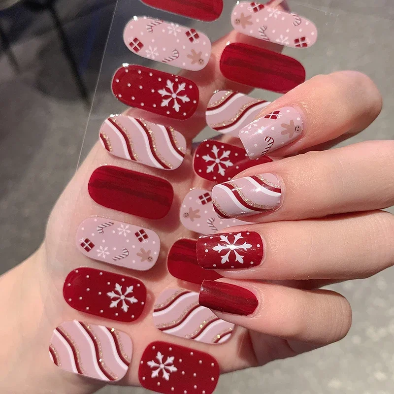 Christmas Sticker Nail Decal Winter Snowflake Semi-cured Gel Nail Wrap Sticker Long-lasting UV Lamp French Decal Waterproof