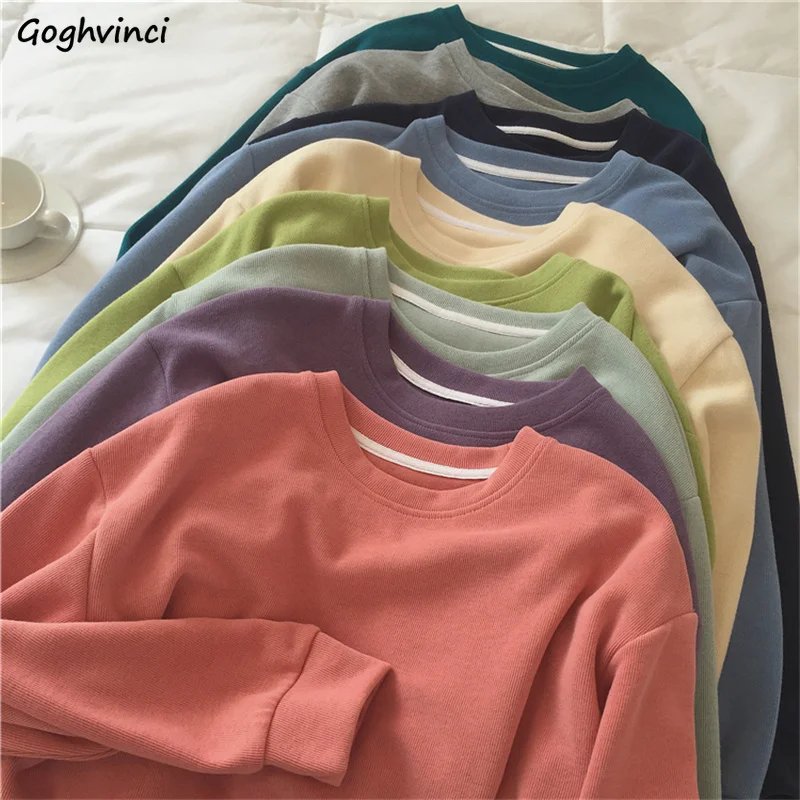 

Sweatshirts Women Basic O-neck Spring Fall Long Sleeve Korean Style Loose Candy Colors Lovely Causal Solid Simple Trendy Retro