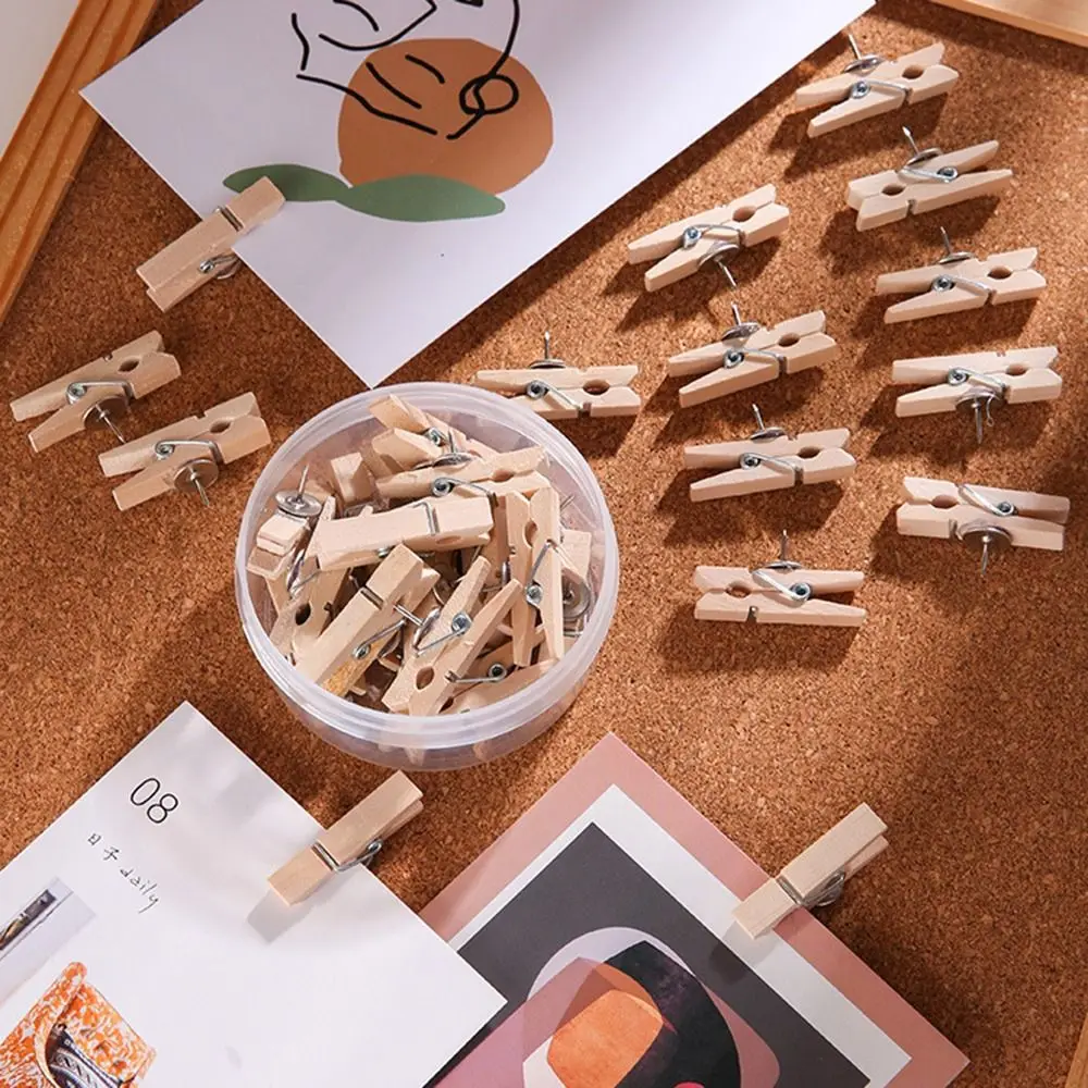 20개/박스 휴대용 창의적인 나무 클립 푸시 핀 DIY 재사용 가능한 압정 내구성 있는 박스 포함 장 스터드 문구류