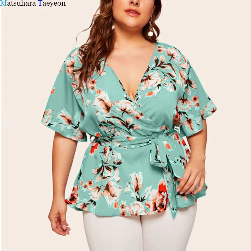 

2022 Summer Large Size Blouse Women Boho Floral Blouse Shirt Women V-neck Short Sleeve Waist Band Oversized Blouse Woman Tshirts
