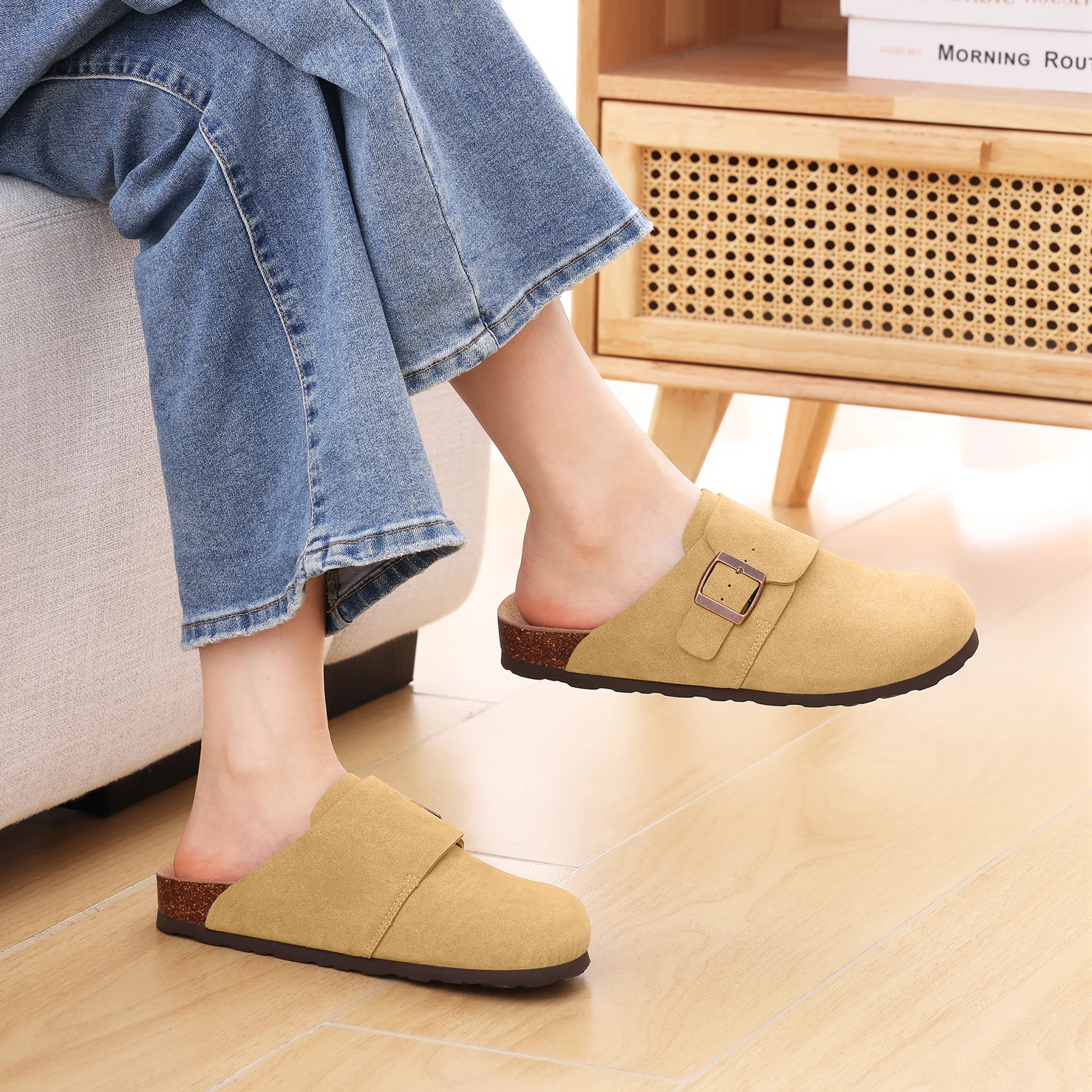 Women's Cork Clogs Cow Suede Mules With Arch Support For Women_voghion.com