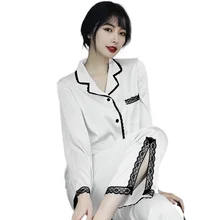 

New Spring, Summer And Autumn Sexy Ice Silk Thin Section Simulation Silk Long-sleeved Black Lace Lace Net Red Pajamas Women