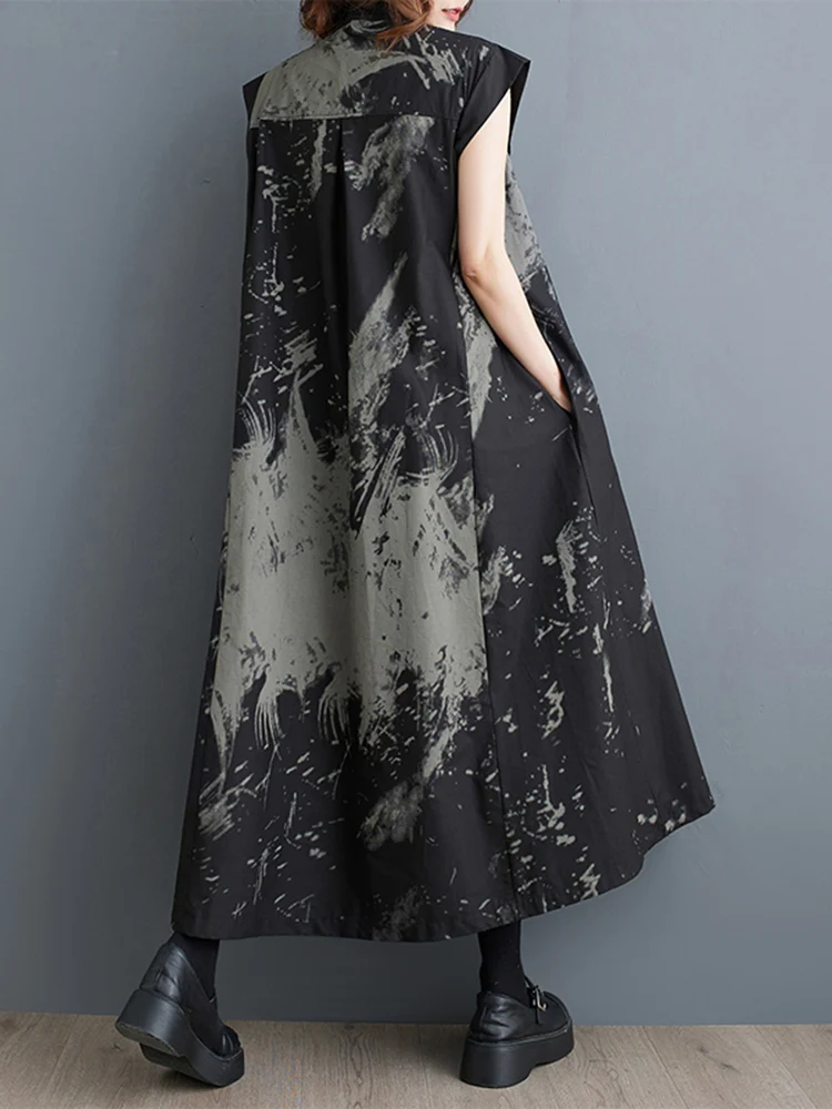 2025 Summer New Black Vintage Print Sleeveless Dresses For Women Stand Collar Loose Casual Long Dress Fashion Elegant Clothing