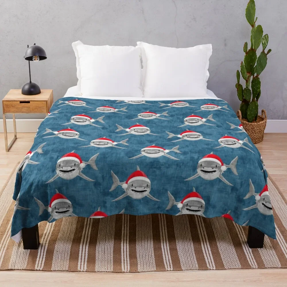 

Одеяло для кровати Santa shark-blue-Christmas shark, покрывало для путешествий, для дивана, большие одеяла