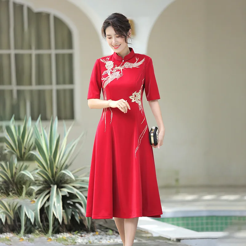 

New Summer Short Sleeve Embroidered Cheongsam Formal Dress Dress Elegant Women's High Waist Slimming Cheongsam Large Swing Dress