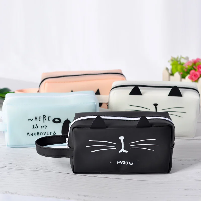Kawaii-고양이 연필 케이스, PU 가죽 슈퍼 용량 학교 연필 상자 문구 학교 용품
