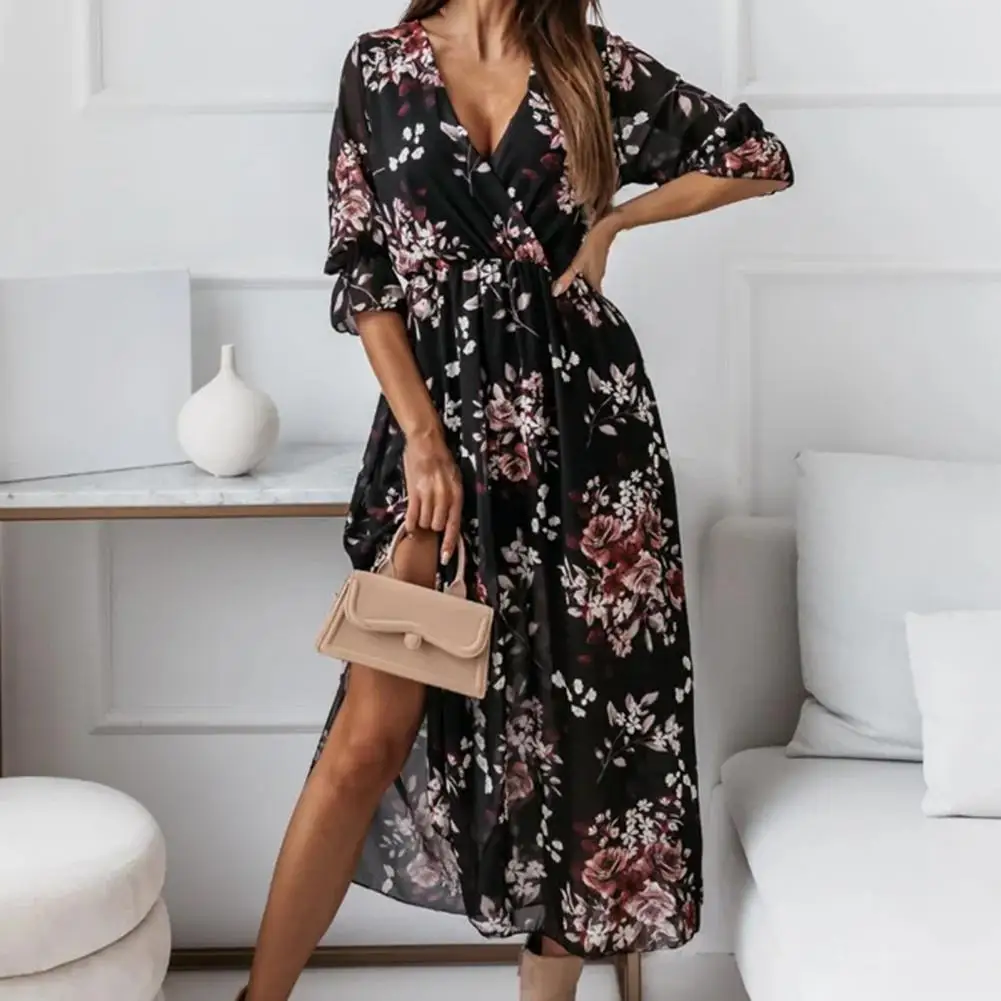 

Lady Dress Colorful Flower Print Dress Long Deep V Neck Spring Dress For Dating