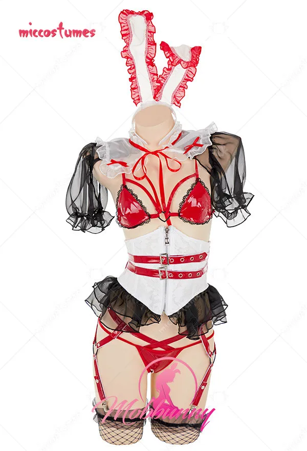 

Bunny Girl Sexy Lingerie Set Ruffled Bunny Outfit Lace-up Bra and Thong Set with Gloves and Headdress