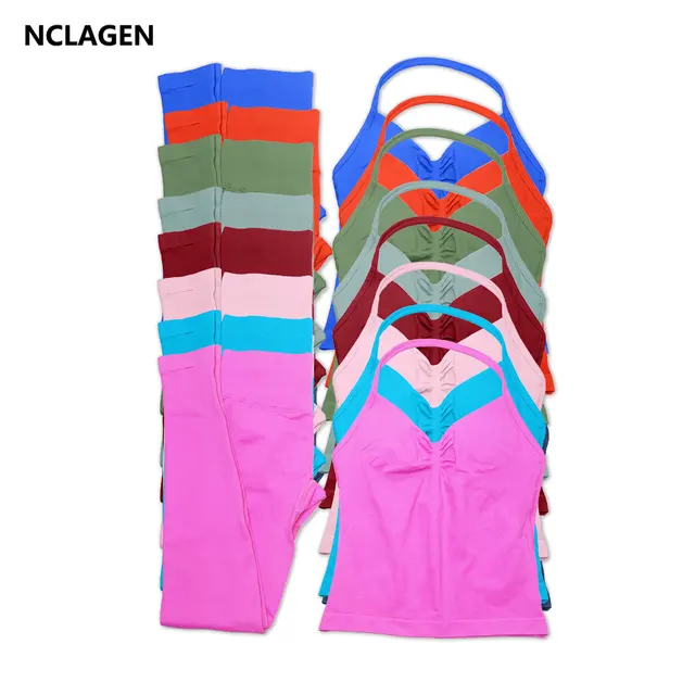 NCLAGEN Sportswear Woman Gym Set 2 Piece Workout Longline Strappy Top And Leggings Yoga Pilates Clothing Sports Fitness Suit