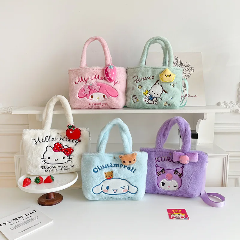 

New Cute Sanrioed Plush Bag Cinnamoroll Melody Plush Crossbody Bag Kuromi Handbags Shoulder Bag Hello Kitty Messenger Bag Gift