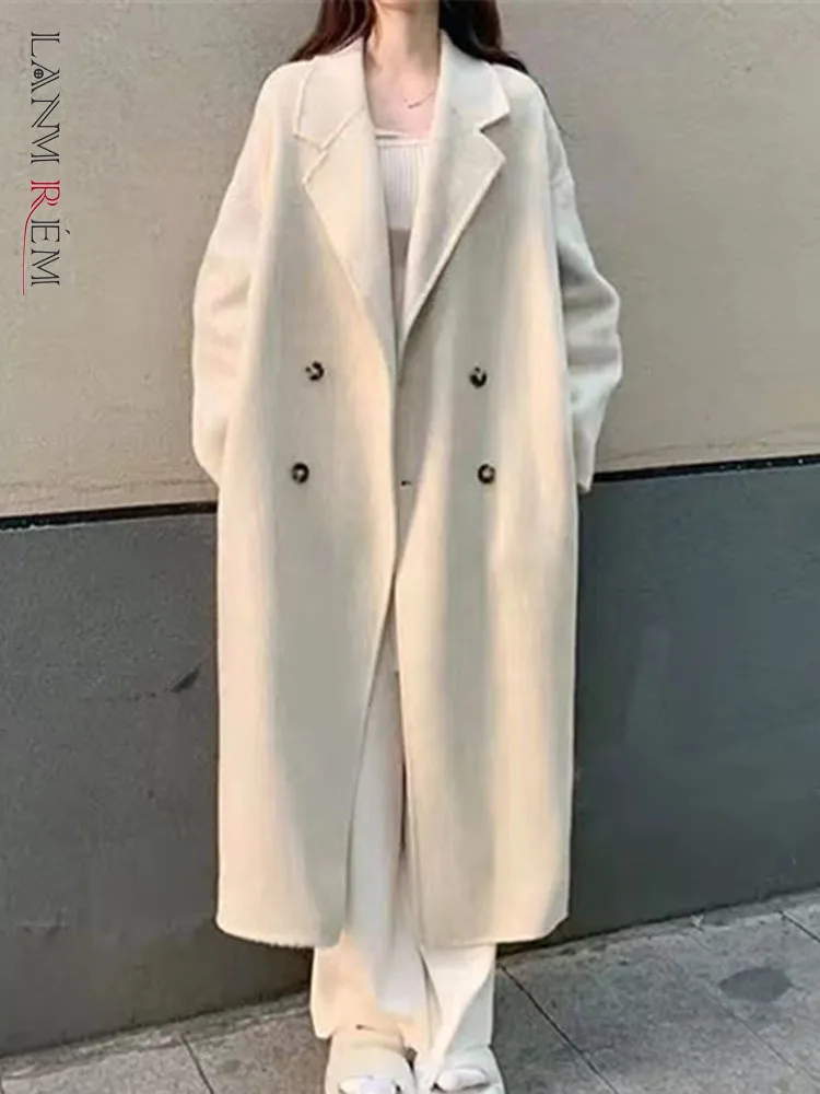 

LANMREM Office Lady Solid Color Long Woolen Coat Women Notched Collar Double Breasted Clothing Fashion 2023 Winter New 2AA3149