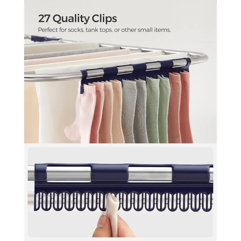 SONGMICS Clothes Drying Rack, Foldable 2-Level Laundry Drying Rack, Free-Standing Large, with Height-Adjustable Wings,Sock Clips 4