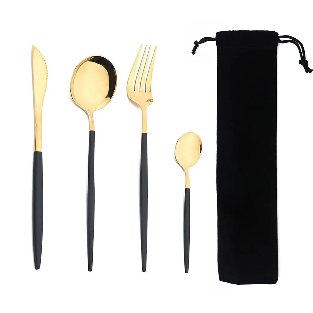 Stainless Steel Cutlery Set Cutlery Set Western Style Cutlery Set Picnic Cutlery Set Portable 4Pcs Dinnerware Set Stainless Steel Tableware Cutlery Western Knife Fork TeaSpoon Kitchen Dinner Flatware Set with Bag