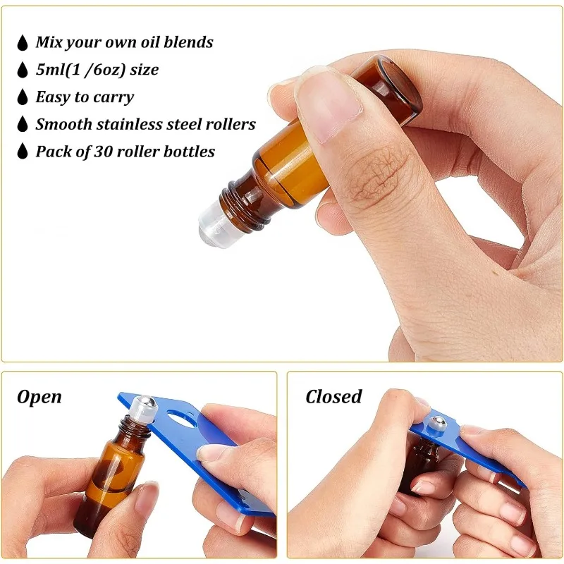 30 Pack 5ml Amber Glass Essential Oils Roller Bottles with Stainless Steel Roller Balls 10Pcs 3ml Droppers 4Pcs Funnels