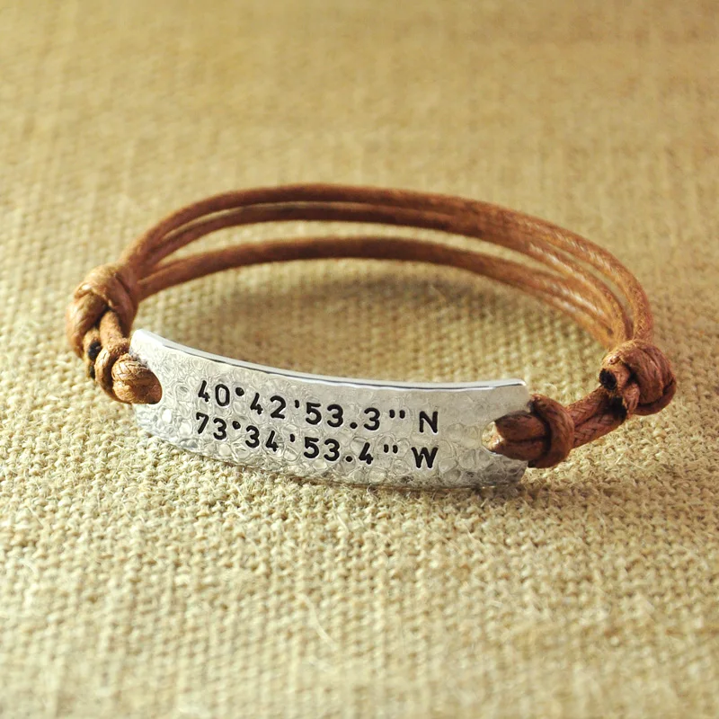 Personalized Rope Bracelet Hammered Custom Longitude & Latitude Stamped GPS Bracelet Engraved Coordinates Birthday Gifts for Her