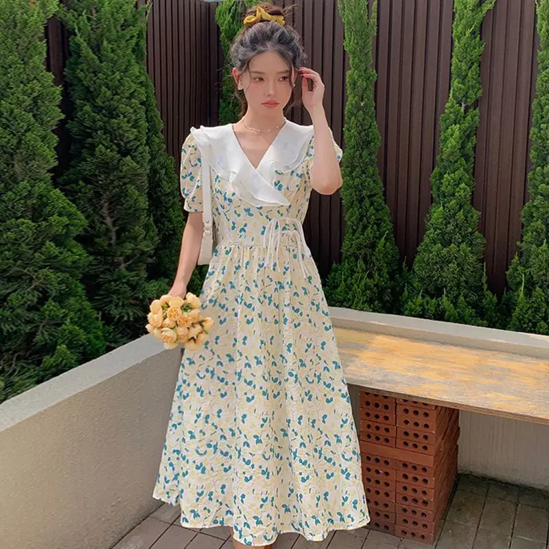 

2023 Women's Dress Summer Oversize Temperament Age Reducing Sweet Print Lotus Collar Waist Closing Free Shipping