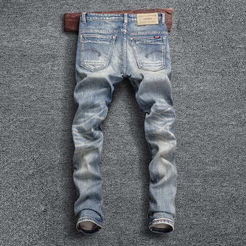Italian Style Fashion Men Jeans Retro Blue Elastic Slim Fit Ripped Jeans Men Casual Stretch Trousers Vintage Denim Pants Hombre