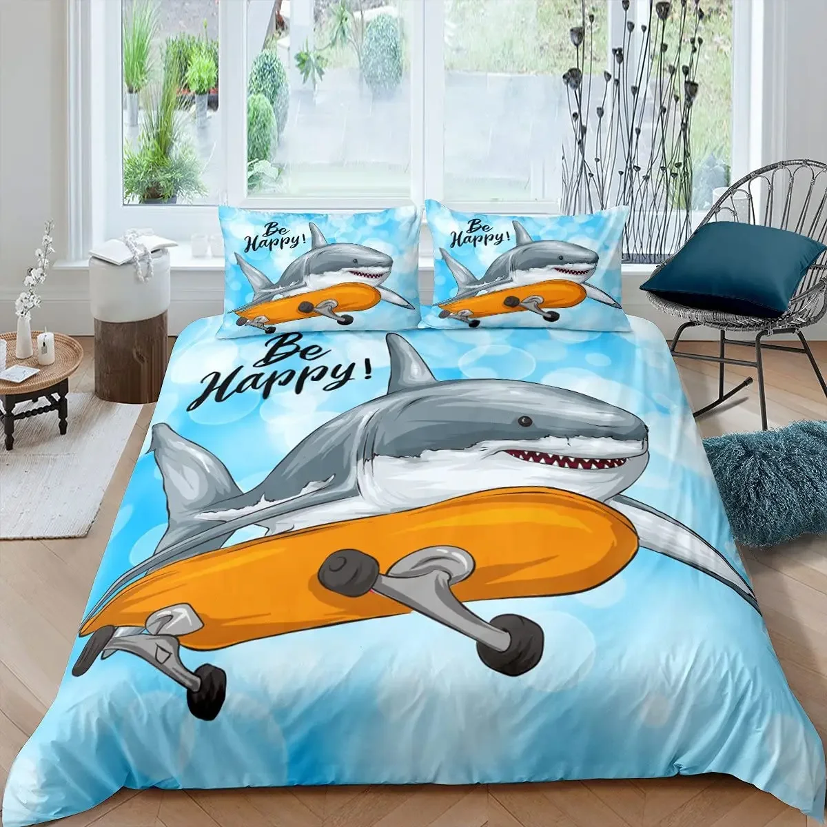 Blue and White Cartoon Shark Fish Print Kids Duvet Cover Boys Girls Luxury Room Decoration for Children Teens Gift Queen Size 2