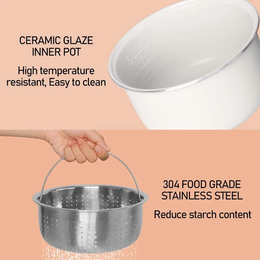 Small Low Carb Rice Cooker 6 Cup 3L Mini Low Sugar Rice Cooker with Steamer Basket 5 Cooking Functions Smart Starch Removing 8H