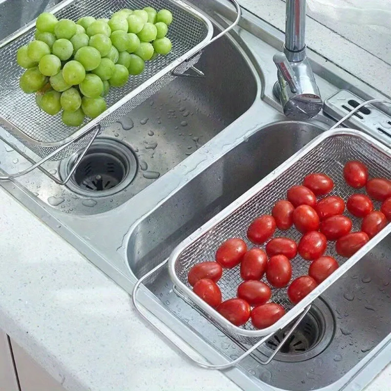 1 Set Stainless Steel Over Sink Colander with Telescopic Handle - Metal Mesh Strainer Basket for Washing Fruits & Vegetables