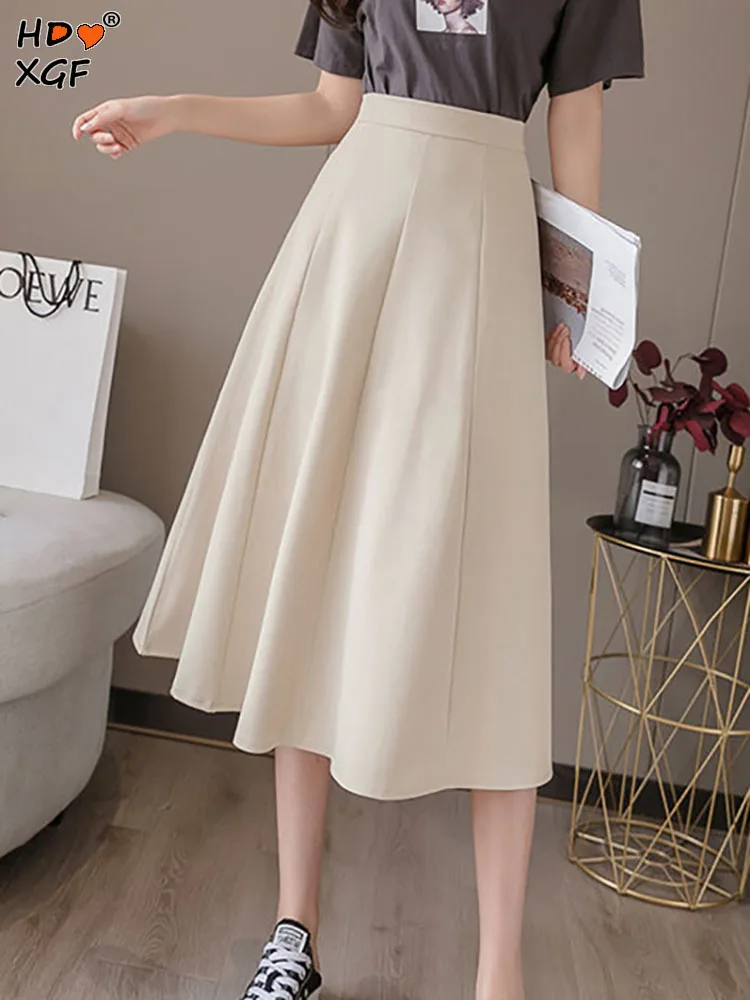 

Summer Autumn Solid Color Pleated Midi Skirts Fashion Women Zipper High Waist A-line Simple Skirt Office Lady Elegant Long Skirt