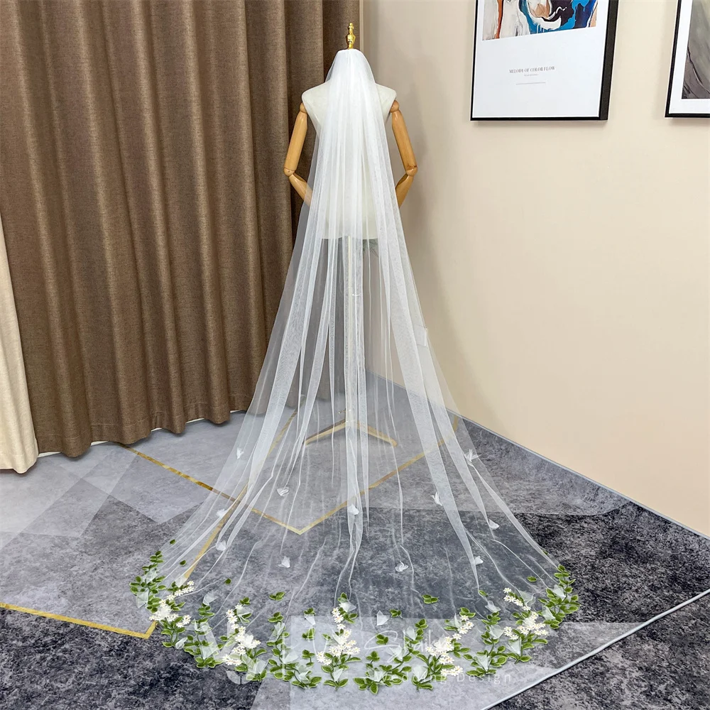 VK SKAIKRU Wedding Veil With Comb Ivory Applique 3D Flowers Long Cathedral Bridal Veils for Wedding One Layer Cut Edge