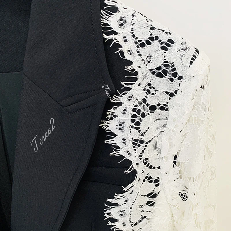 Tesco Fashion Women's Suit Blazer Single Button Hollow Out Full Sleeve Contrast Color Lace Patchwork Suit Jacket Female Coat