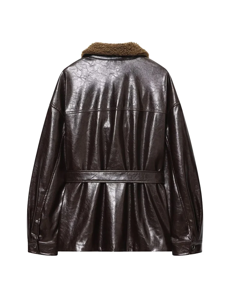 Women Faux Leather Jacket Fashion Solid Zipper Coats Elegant Belt Decor Pockets Leisure Jackets  Ladies PU Vintage Streetwear