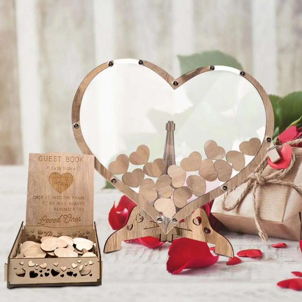 1 Set Wooden Love Heart Ornament with Guest Drop Box Mini Heart Sign Stable Stand Guest Book Wedding Heart-shaped Decoration