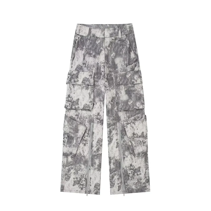 

Summer Women's 2023 New Casual High-Waisted Retro Zip Print Work Trousers Pockets Decorated With Wide-Legged Trousers