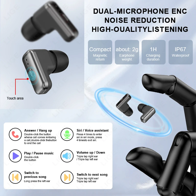 LIGE TWS Earphone Sports Watch Wireless Bluetooth Headset Calling Smartwatch Men Health Monitoring Women Wristwatch With Earbuds