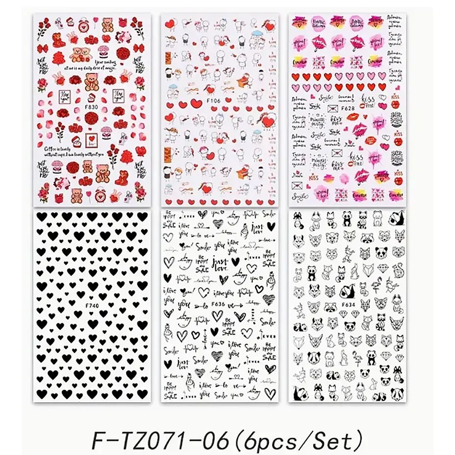 6PCS 3D Valentines Day Nail Art Sticker Lover Letter Cute Girl Cartoon Slider Full Wrap Stickers On Phone Nail Art Accessories 6