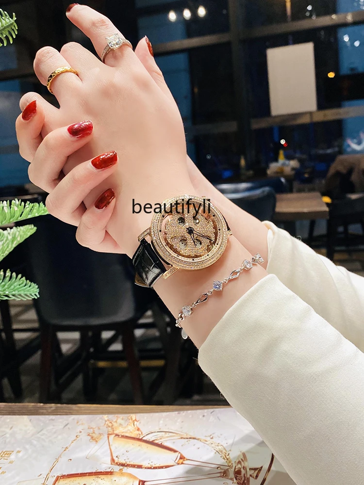 

zqStainless Steel Good Luck Comes Leather Watch Women's Mechanical Watch Automatic Hollow Women's Diamond Watch