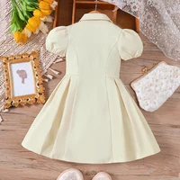 Robe décontractée pour fille à manches bouffantes, col en V, couleur unie, double bouton, bouton perlé 2