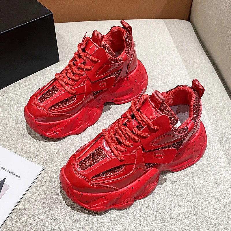 

7.5cm Platform Wedge Chunky Sneakers New Chunky Shoes Bling Leather Women 2023 Spring Autumn Walking Fashion Breathable