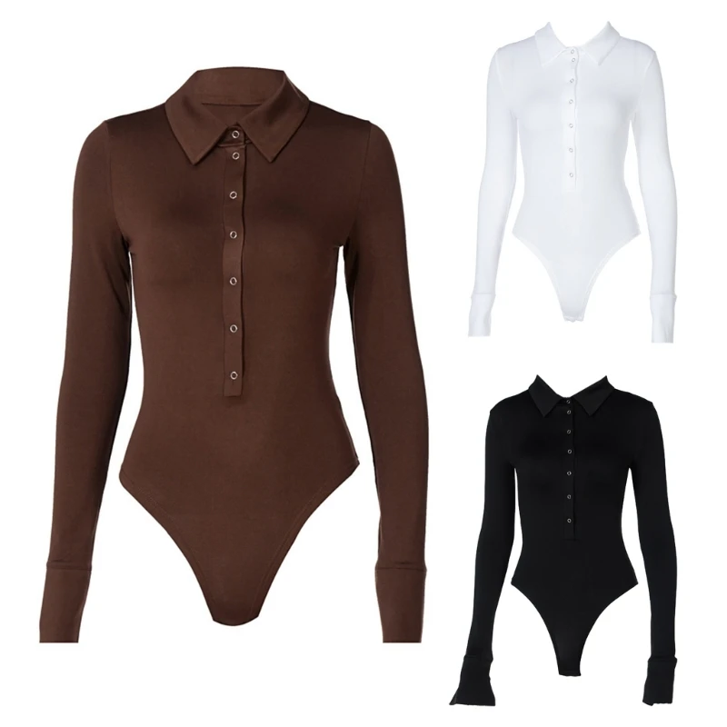 

Long Sleeve Bodysuit for Womens Skinny Button Down Lapel Collar Jumpsuit Outfits P8DB