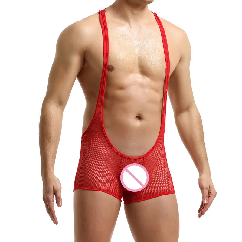 Men's Fishnet Bodysuits See Through Wrestling Singlets Leotard Undershirts Jumpsuit Gay One-Piece Playsuit Boxers Sportwear Sexy