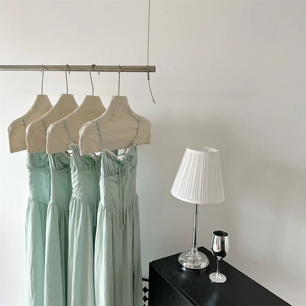 Summer New Spaghetti Strap Backless Midi Dresses for Women Lace-up Sleeveless Beach Style Korean Fashion One Piece Vestido Mujer