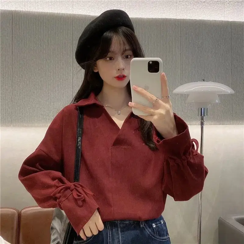 

Fashion Lapel Spliced Shirring Flare Sleeve Blouses Women Clothing 2023 Autumn Winter Solid Color Casual Tops Commuter Shirts