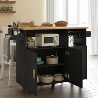 Hot sale!Rolling Mobile Kitchen Island Table With Storage Drop Leaf Countertop Power Socket Wheel Black Model 12